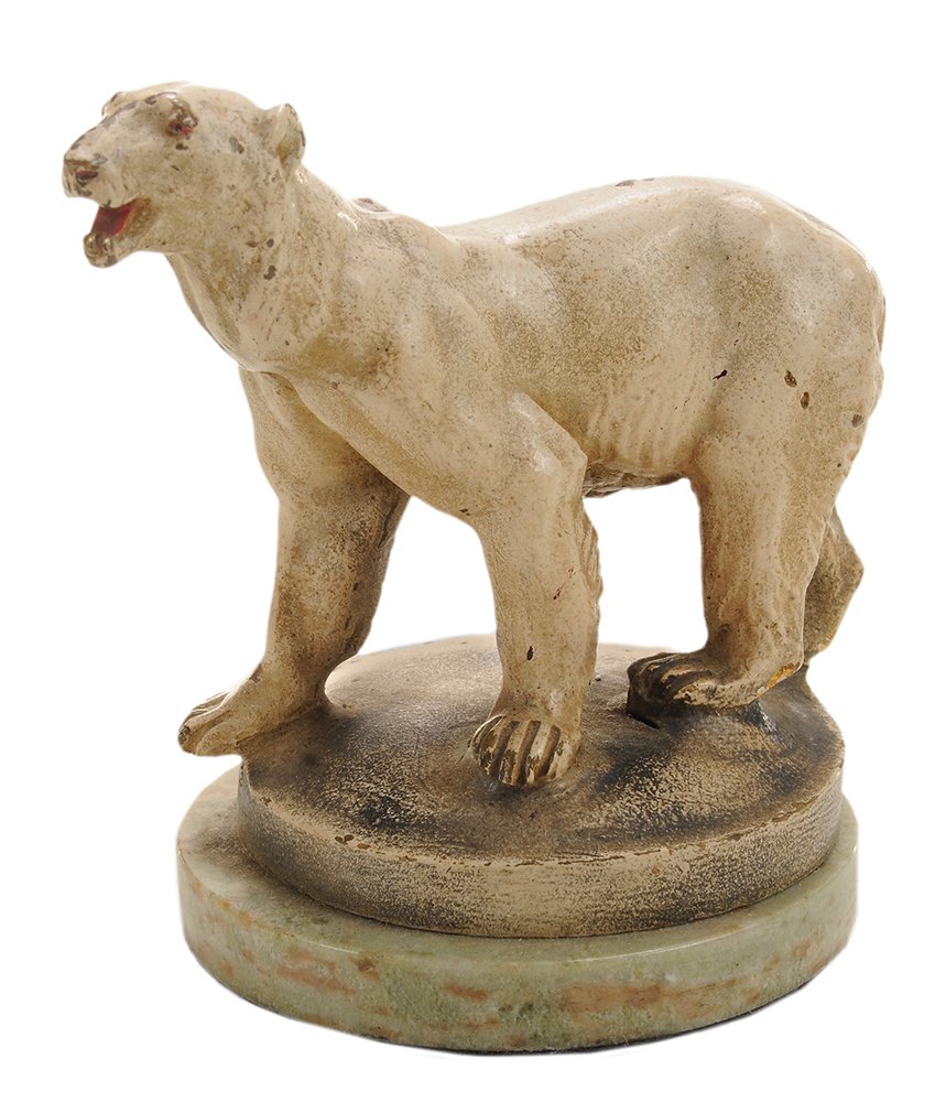 Cold-Painted Bronze Figure of a Polar: Bear French, early 20th century, white-painted upright figure of a roaring polar bear, base signed "C Pertrand", circular green marble base, 4 in. paint losses. Provenance: Property from a South Carol