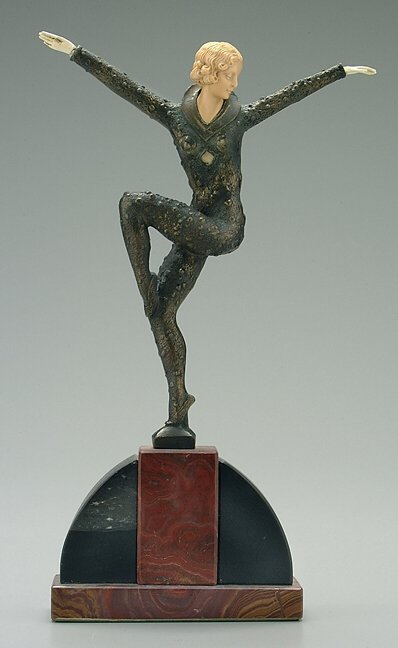 Bronze after Chiparus,: "Dancer of Kapurthula", signed in base "DH Chiparus", copy after Demetre Chiparus, Romanian, 1888-1950, bronze with cast composition head, agate and marble base, proper right hand off but present, pro