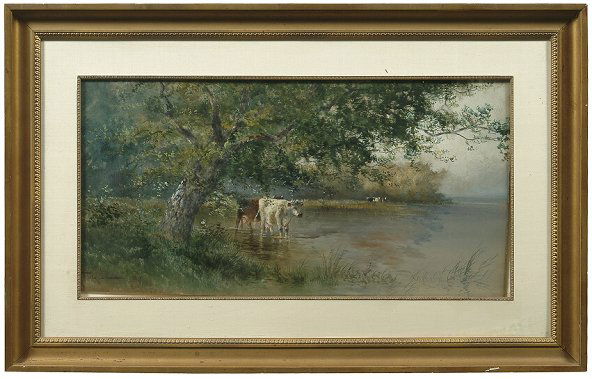 Painting by Hugo Melville Fisher: (California, 1876-1946), cows standing at river's edge, signed lower left "Hugo Fisher", watercolor on paper, laid on fiberboard (acidic), light toning, fiberboard loose under mat, 16-1/2 x 31-5/8", g