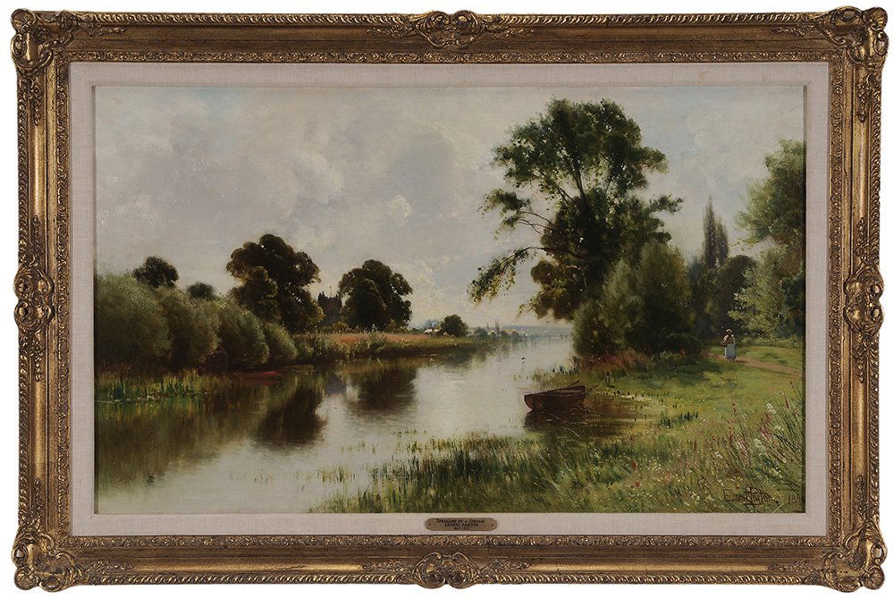 Ernest Parton: (New York/Britain, 1845-1933) River Landscape with Figure on a Track, 1890, signed lower right "Ernest Parton 1890", oil on canvas, 22-1/8 x 36 in.; gilt wood and composition frame, two wax and linen