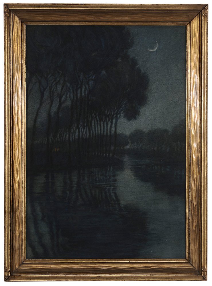 Blanche Dillaye: (Pennsylvania, 1851-1931) The Crescent Moon, signed lower left "Blanche Dillaye", pastel and watercolor on paper, 26-1/8 x 17-7/8 in.; carved and gilt wood Arts and Crafts frame, not removed from fram