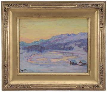 William Samuel Horton: (New York/Michigan, 1865-1936) Frozen Pond, signed lower left "Horton" possibly stamped, with estate stamp verso, oil on board, 14-1/2 x 18-1/2 in.; carved and gilt wood Arts and Crafts style frame, a