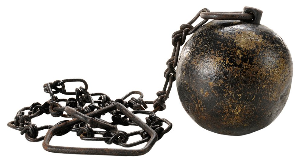 Cannon Packer Ball and Chain: 19th and 20th century: 19th century ball with insert and loop handle, with a link chain with loop handle, used to pack shot in cannon, painted black, approximately 42 in. overall length chain a later 