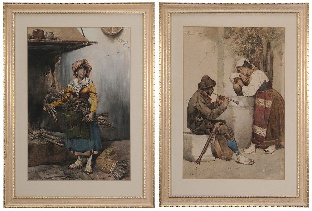 Italian School: (19th century) Two watercolor genre scenes: Faggot Gatherer, signed upper right "G. Fortunati/Roma", 20-3/4 x 14 in. (sight); A Musician with a Lady, signed upper left "C. Polidari/Roma 1889", 20-3/4