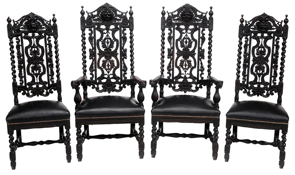 Set of Four Victorian Carved and: Ebonized Dog's Head Figural Chairs late 19th century, oak and possibly other mixed woods with mask-carved and pierced backs, barley twist styles and legs, the armchairs each with well-carved dog's hea