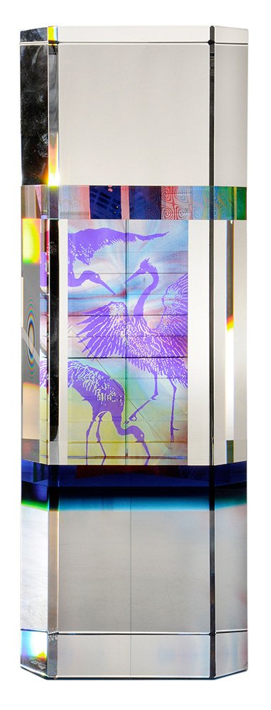 VanderLaan/Bliss Glass Sculpture 2000: Peter VanderLaan and Mary Beth Bliss, Santa Fe, New Mexico, an optical tower from the Optical Glass Series, tall solid rectangular pillar of optical glass with laminated inclusions creating multiple p