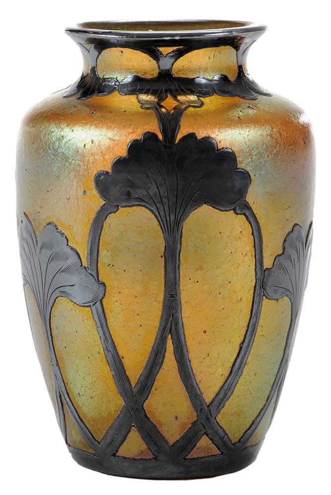 Art Nouveau Silver-Overlay Gold: Iridescent Art Glass Vase possibly Loetz, Austrian, late 19th/early 20th century, gingko leaf motif, base engraved "320", 4 in. interior soiling. Provenance: Private Birmingham, Alabama Collection