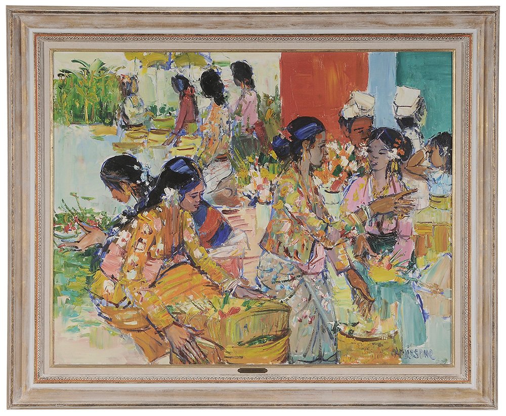 Yolande Ardissone: (French, born 1927) [Le Marché de Bali], signed lower right "Ardissone", oil on canvas, 29 x 36 in.; painted wood frame good condition; not examined out of frame. Provenance: Wally Findlay Galleries,
