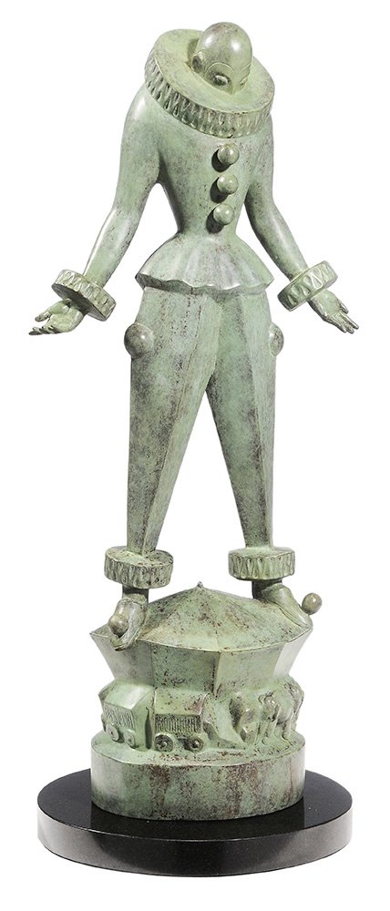 Marshall Maynard Fredericks: (Michigan, 1908-1998) Circus Clown, unsigned, patinated bronze on granite stand, 28 in. good condition with light green patinated surface. Provenance: Private Collection, Spartanburg, South Carolina; 