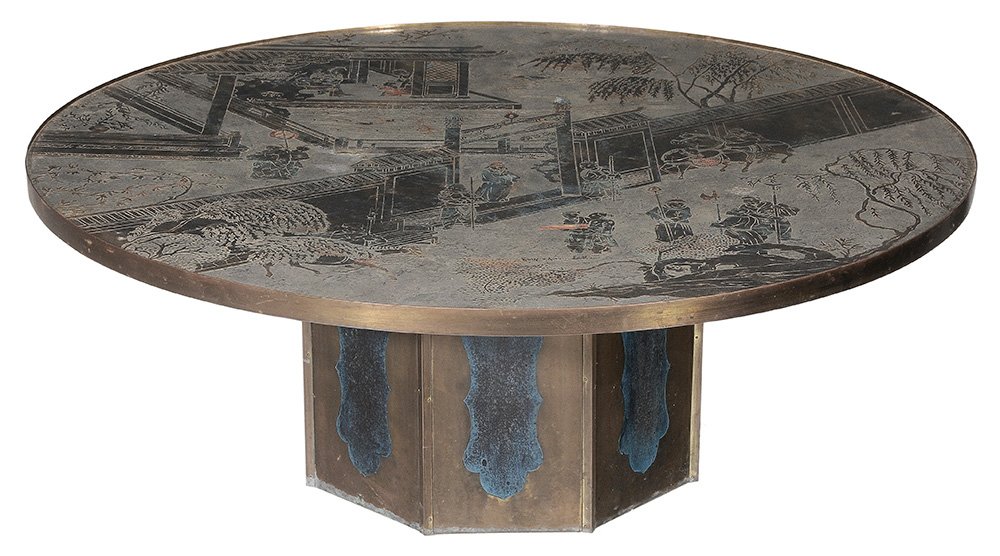 Philip & Kelvin La Verne Chinoisserie-: Decorated Circular Coffee Table 1960s, the top with signature, decorated with chinoisserie scene with horses and figures at a court, distressed polychromed, bronzed and silvered surface, set on an oct