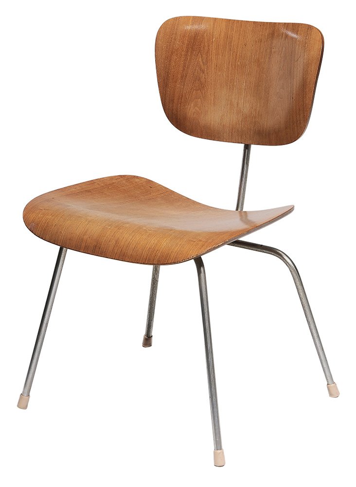 Herman Miller DCM Side Chair: designed by Charles and Ray Eames, mid-20th century, laminated back and seat with tubular frame, 29-34 in. surface wear with finish losses and spotting, some distress to rubber at back attachment, tap