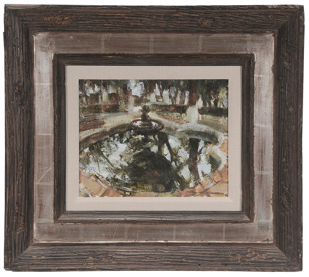 Ramon Kelley: (Colorado/Wyoming, born 1939) Fountain Reflection, Borda Gardens, signed lower right "Ramon Kelley" and signed and inscribed verso backing board, oil on canvas board, 8 x 10 in.; fine distressed and s