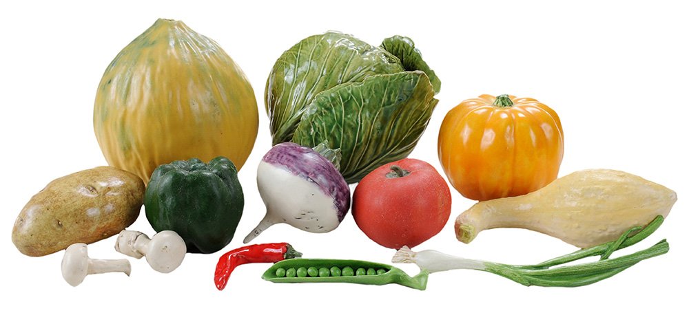 Collection of 52 Pieces Mary Kirk: Kelly Ceramic Fruit and Vegetables Alabama, 20th century, each signed, melons, onions, cauliflowers, tomatoes, peppers, kale, green onions, mushrooms, lemons, peas, pears, oranges, potatoes, gourds, c