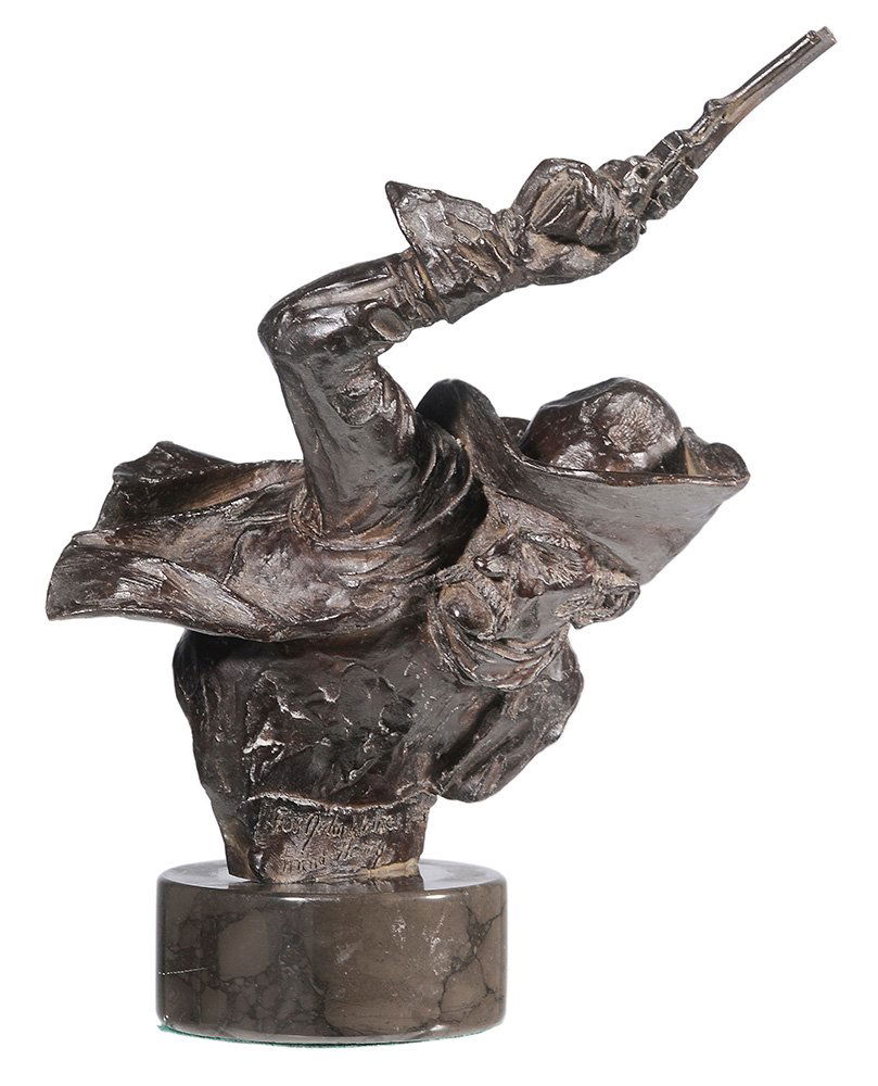 Harry Andrew Jackson: (Wyoming/Illinois, 1924-2011) Cowboy, signed on truncation "Harry Jackson © 72", inscribed at front "John Walker Your Friend Harry", patinated bronze on marble, 11 in. gun slightly bent, light abrasi
