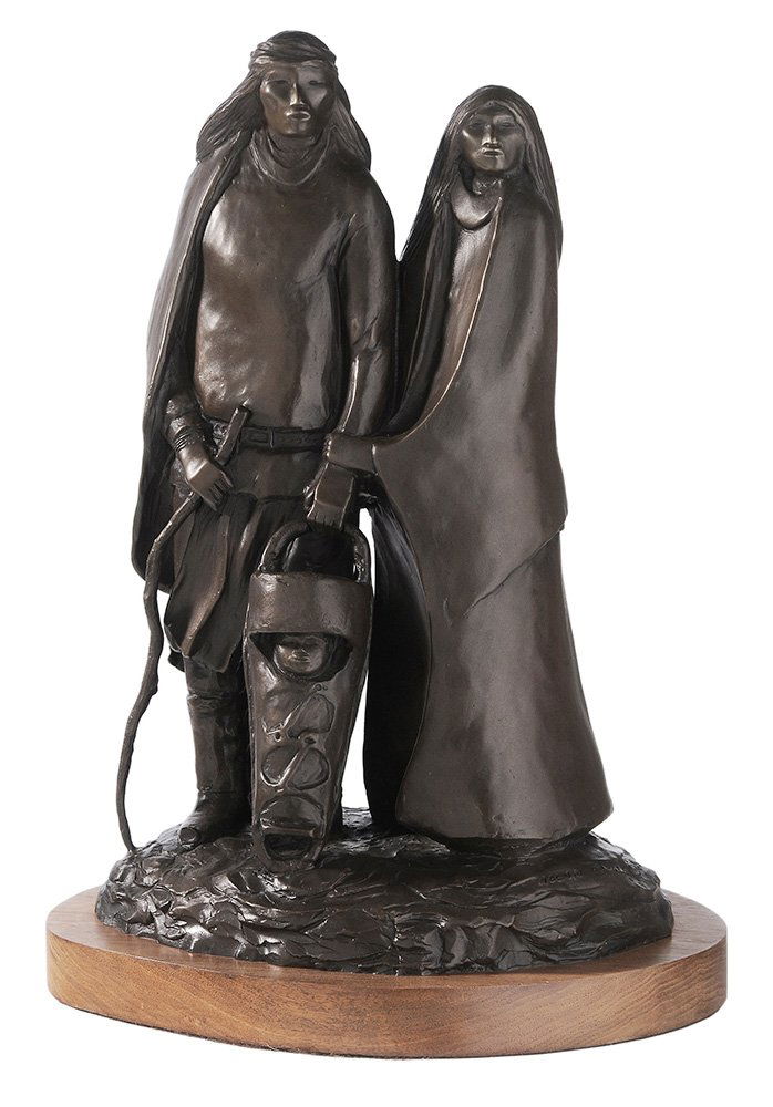 Allan Capron Houser: (Mexico/California/Oklahoma, 1914-1994) Apache Family, 1985, signed on naturalistic base "Allan Houser © 85", edition 11/20, patinated bronze, sculpture 13-1/2 in., 14-1/2 in. with wood base good con