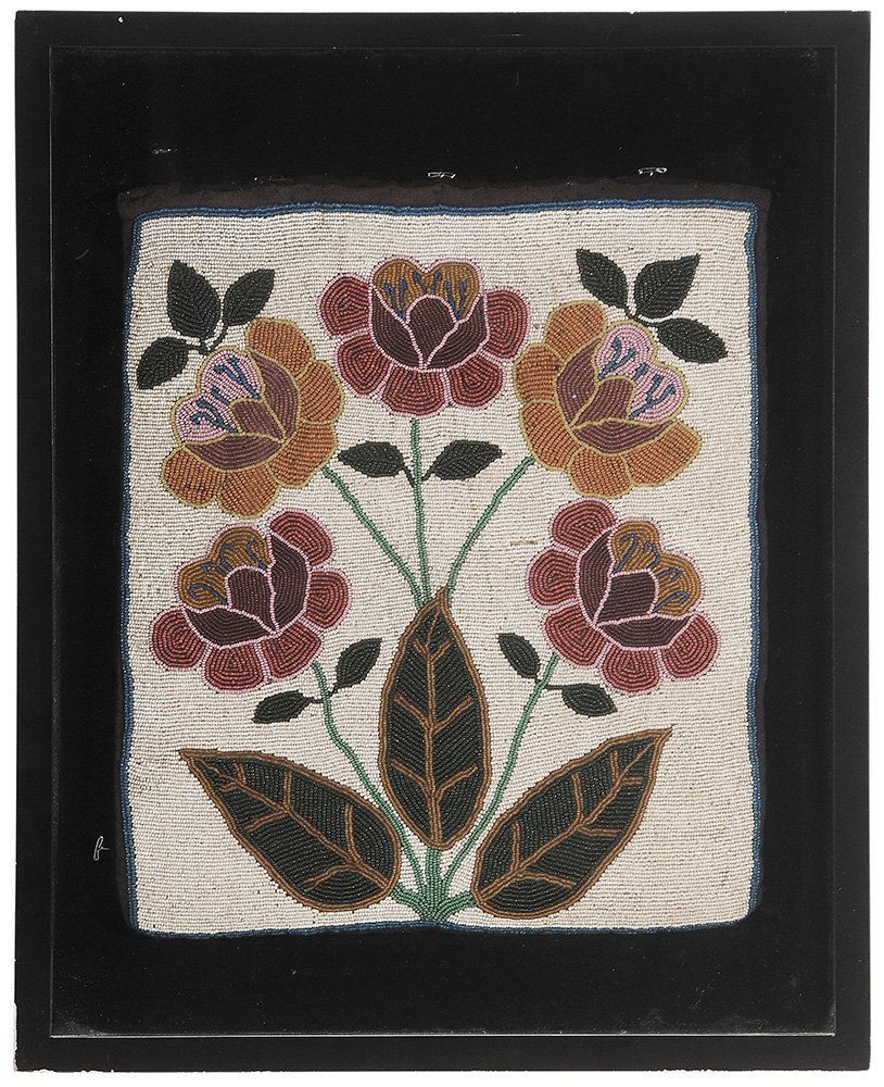 Yakama (Washington Plateau) Beaded Bag: Panel American, 20th century, curvilinear floral beadwork depicting five flowers with leaves and stems on a hide backing mounted to trade cloth, glass seed beads, beadwork 14-1/2 x 12 in. overall mino
