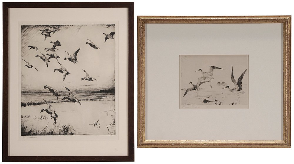 Frank Weston Benson: (Massachusetts, 1862-1951) Two drypoint etchings: Here They Come!, 13-7/8 x 11-3/4 in. (plate), 16-5/8 x 14-1/8 in. (page); and Yellowlegs, 4-3/8 x 5-7/8 in. (plate), both signed lower left "Frank W. 