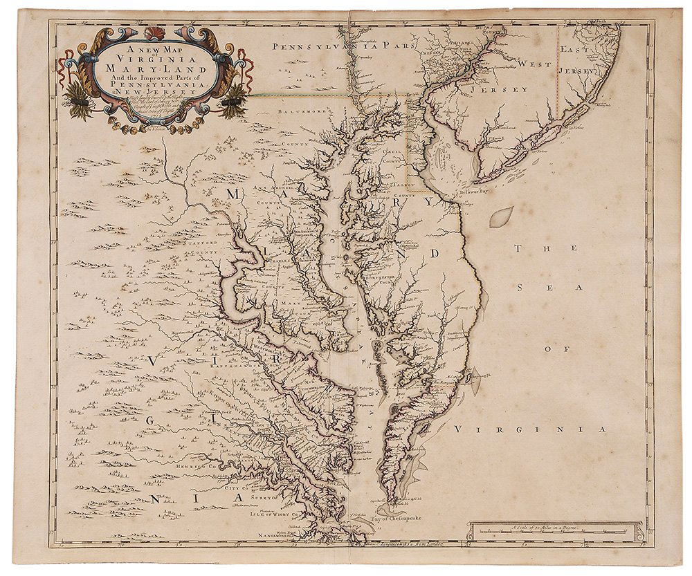 [A New Map of Virginia Maryland and: the Improved Parts of Pennsylvania and New Jersey] by John Senex (1678-1740), circa 1719, hand-colored in outline, Cumming p. 293, decorative title cartouche with nice hand-coloring, a seminal map of