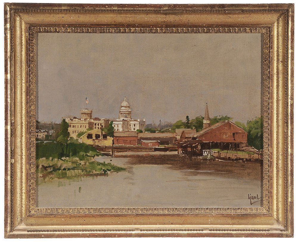 William Gilbert Gaul: (New York/Tennessee, 1855-1919) View of a City, likely Hackensack, New Jersey (Bergen County courthouse and jail), circa 1912, signed lower right "Gaul", oil on canvas board, 11 x 14-1/8 in.; 20th cen