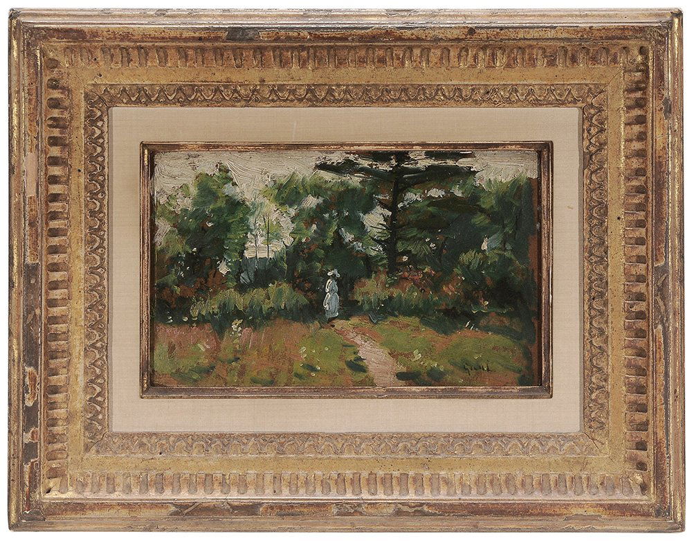 William Gilbert Gaul: (New York/Tennessee, 1855-1919) Lady on a Sunlit Path, signed lower right "Gaul", oil on fiber board, 6-1/4 x 9-7/8 in.; carved and gilt wood frame grime; frame with abrasions. Provenance: David Galle