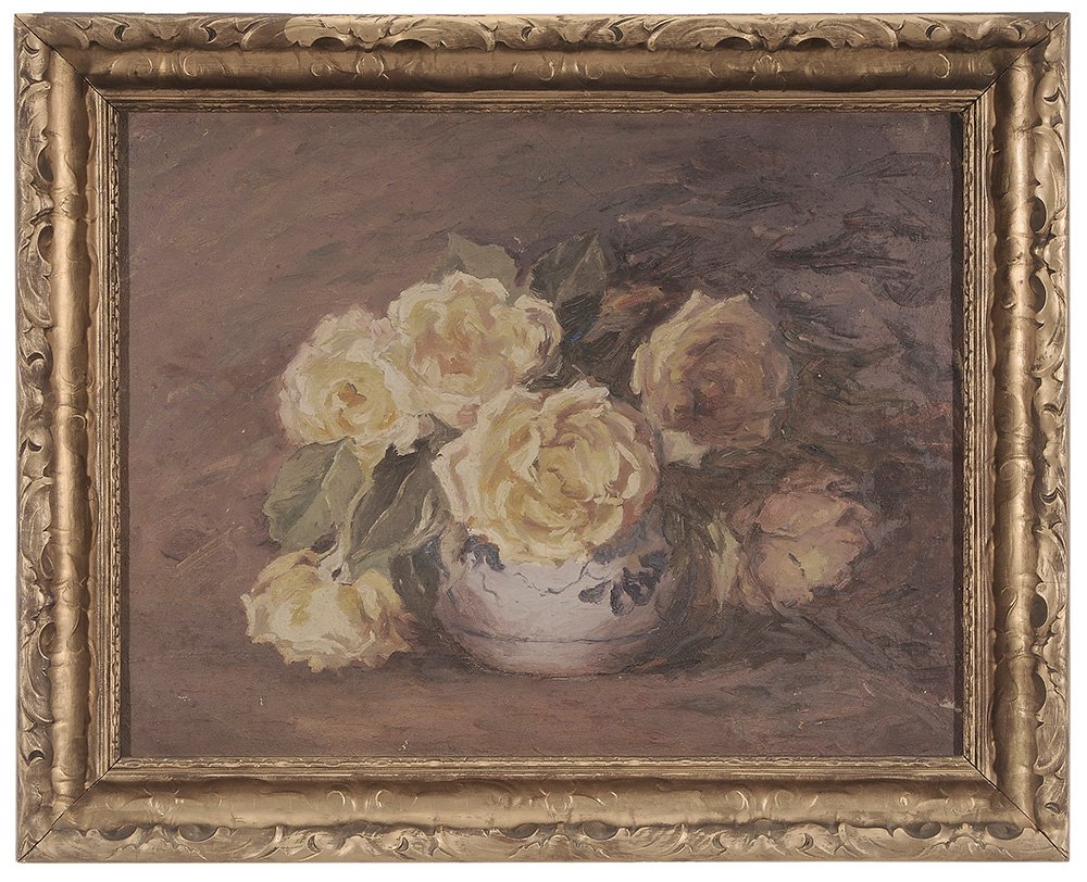 Adelaide Mahan: (Alabama/New York, 1872-1959) Yellow Roses in Blue and White Bowl, oil on canvas, 14-1/2 x 18 in.f surface dirt and grime, minor paint losses, canvas is loose on stretcher, somewhat buckled. Provenanc