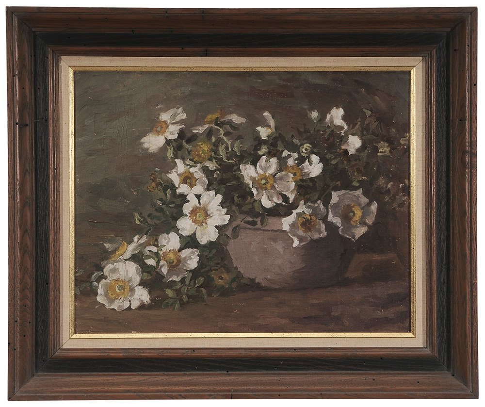 Adelaide Mahan: (Alabama/New York, 1872-1959) Cherokee Roses in Earthenware Bowl, oil on board, unsigned, 14-3/4 x 18-3/4 in.; framed surface crackle, surface dirt. Provenance: From the Collection of the Artist's Fam