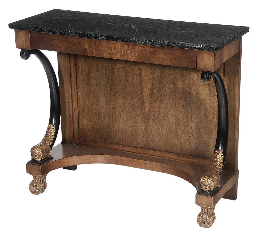 Empire Style Carved, Parcel Gilt and: Ebonized Dolphin-Figural Marble-Top Console Table drawer with metal tag for "Berkey Furniture Company, John Widdicomb", 20th century, marble top over a frieze drawer, the front with stylized dolphin s