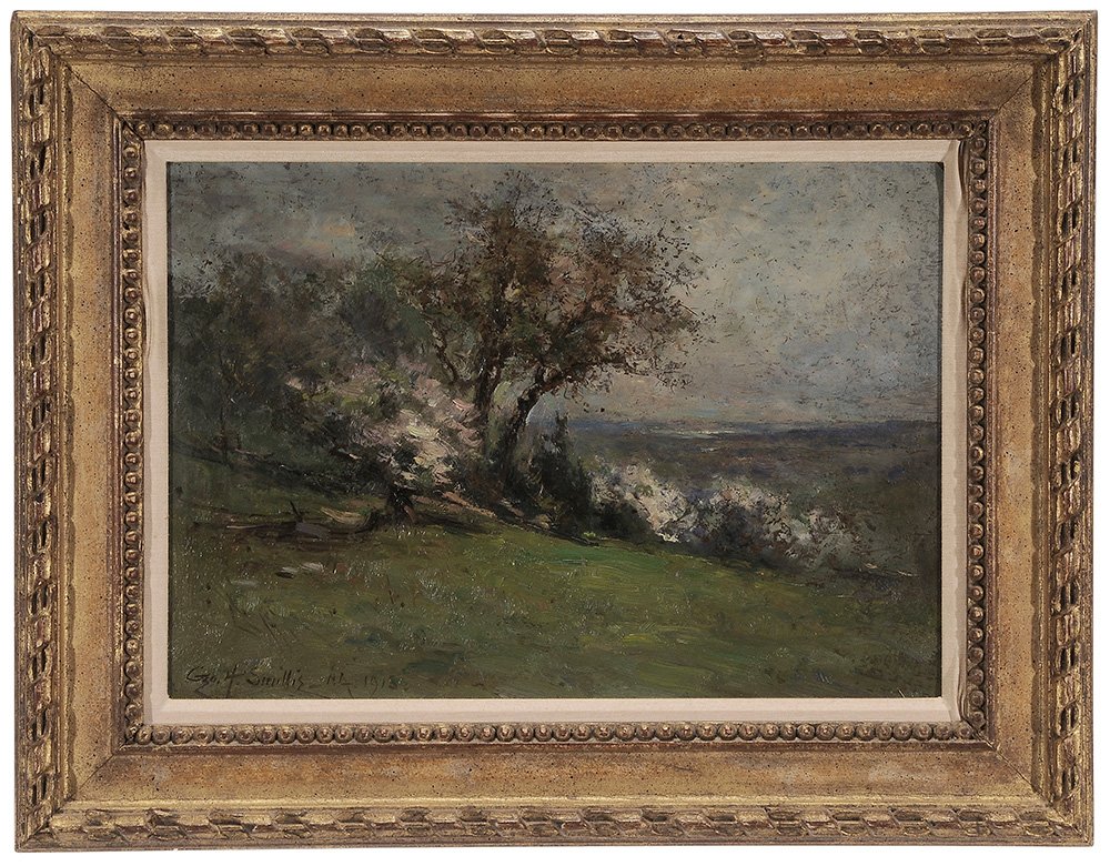 George Henry Smillie: (New York, California, 1840-1921) Spring Landscape, 1915, signed lower left "Geo. H. Smillie NA. 1915", oil on artist board, 10 x 14-1/8 in.; gilt wood frame grime. Provenance: Simpson Galleries, Sept