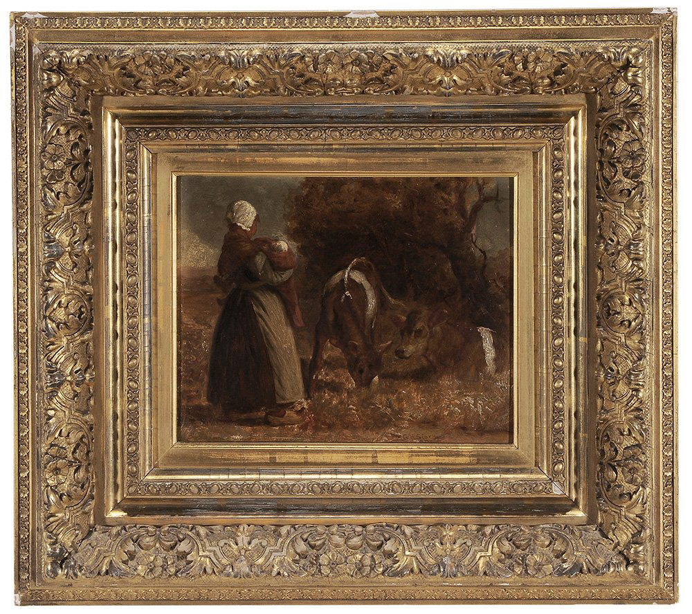 George Henry Story: (New York/Connecticut, 1835-1923) Dutch Woman with Baby and Two Cows, signed lower right "G.H. Story", oil on artist board, 8-3/8 x 10-1/2 in.; probably original fine American gilt wood and compositio