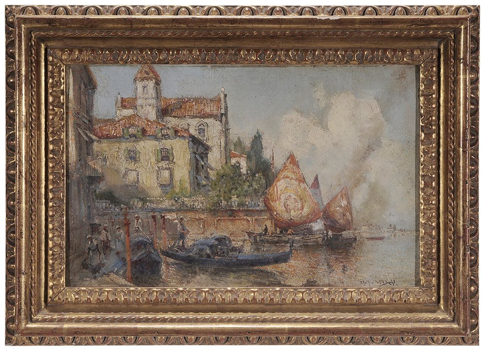 Arthur Vidal Diehl: (Massachusetts, 1870-1929) View of Venice, signed lower right "Arthur Vidal Diehl", oil on fiberboard, 9-7/8 x 15-3/8 in.; carved and gilt wood frame slight warp to fiberboard, crackle, flaking center