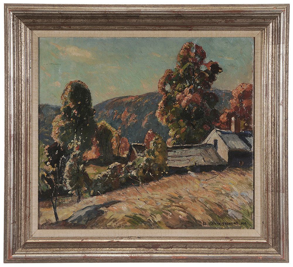 William Lester Stevens: (Massachusetts. 1888-1969) Autumn Light, signed lower right "W. Lester Stevens. NA.", oil on canvas, 18 x 20 in.; gilt wood frame, original stretcher and tacking edge, old abrasion upper left; frame w