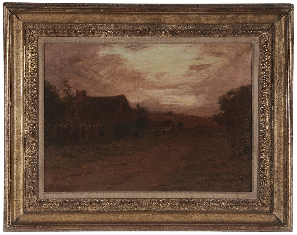 Leonard Ochtman: (Connecticut, 1854-1934) Farmstead at Sunset, signed lower left "Leonard Ochtman", oil on canvas, 16-1/8 x 22-1/8 in.; gilt wood and composition frame, original stretcher and tacking edge, canvas loos