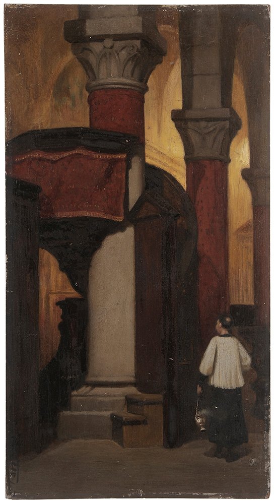 Elihu Vedder: (New York, 1836-1923) Interior-Church San Geminiano, 1866, signed lower left "Elihu Vedder/66" and signed, titled and dated verso and inscribed "Europe 1ST Time" and "4", oil on panel, 16 x 8-5/8 in.;