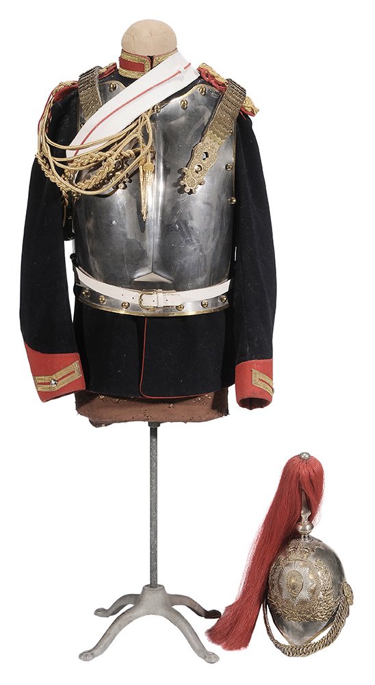 Officer's Dress Tunic, Helmet and: Breast Plate for Royals Household Cavalry Regiment English, bag dated 1997, …engraved "RHG/D0230", set on a manikin and stand generally good condition. Provenance: Estate of Michael Lawrence Vermeer