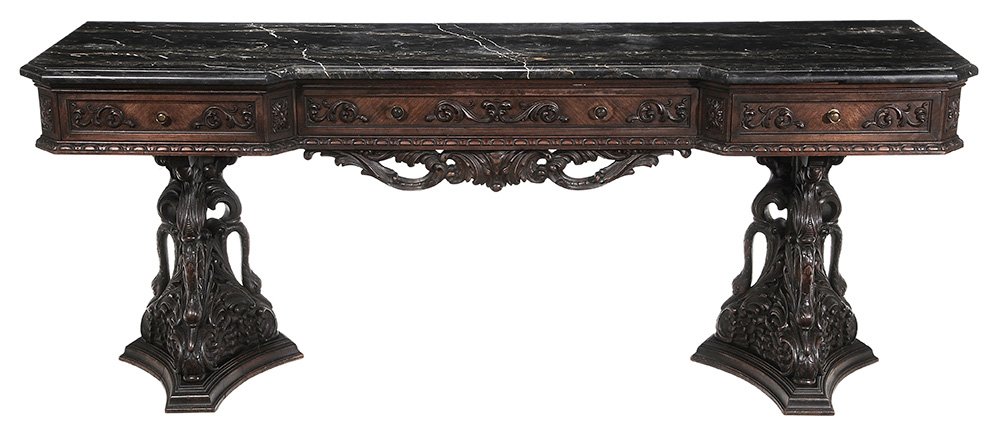 French Empire Style Swan-Carved and: Marble-Top Sideboard Table early 20th century, "Egyptian" variegated black marble top, three dovetailed drawers with oak linings, swan-carved pedestal bases, 34-3/4 x 85 x 22 in. generally good condit