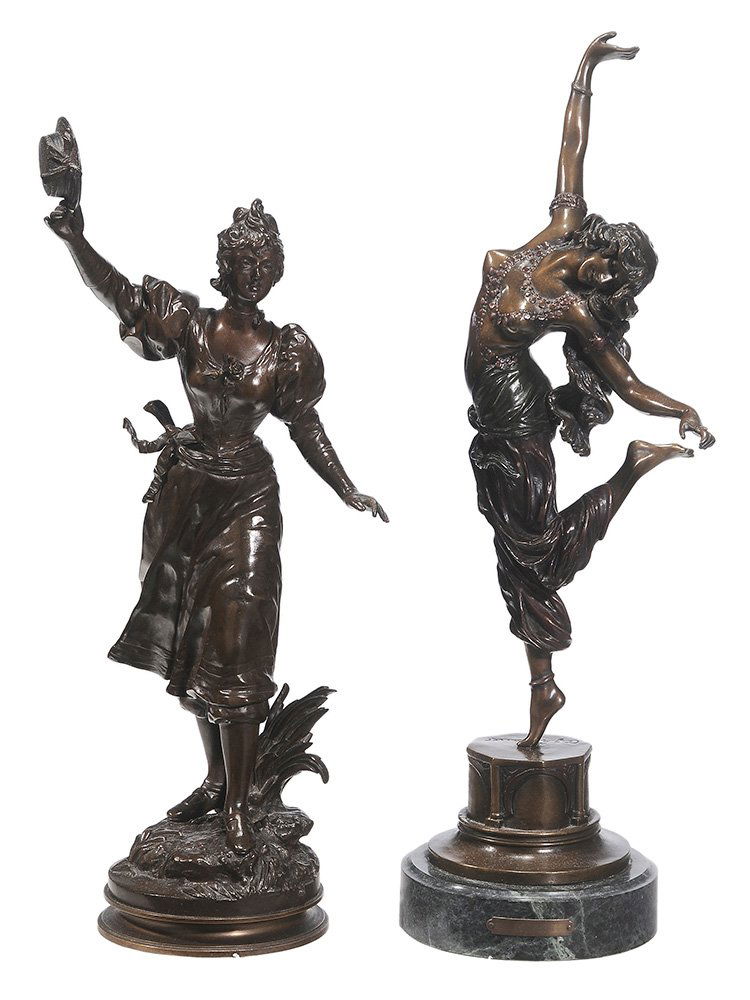 French School: (19th/20th century) Two bronzes of women: Harem Dancer, signed on base "C.J.R. Colinet" (after Claire Jeanne Roberte Colinet, French, 1880-1950), 20th century casting, probably an after cast, patinate