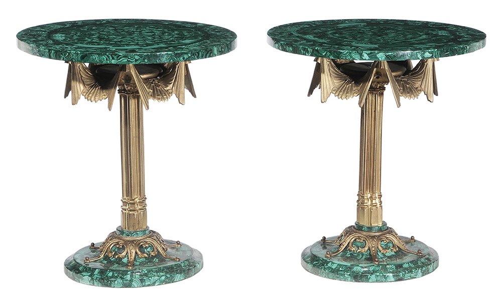 Pair Gothic Style Gilt Bronze and: Malachite-Veneered Side Tables 20th century, each with circular top resting on a gilt bronze gothic-inspired column support, malachite-veneered base, bronze appliques, 22-3/4 x 20-1/4 in. good conditi
