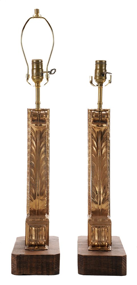 Pair Gilt Wood Wall Brackets,: Electrified probably French, 19th/20th century, wall brackets with acanthus leaf and scrolling bronze mounted on octagonal wooden bases, 27 in. to top of finial, drilled and converted to lamps, abrasi