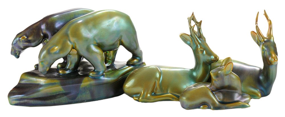 Five Zsolnay Animal Figurines: Hungary, 20th century, metallic-green glaze, pair of bears on iceberg, two resting deer with antlers, and one resting fawn, 5-churches mark over "ZSOLNAY" and "MADE IN HUNGARY", 2-1/2 to 4-3/4 in., al