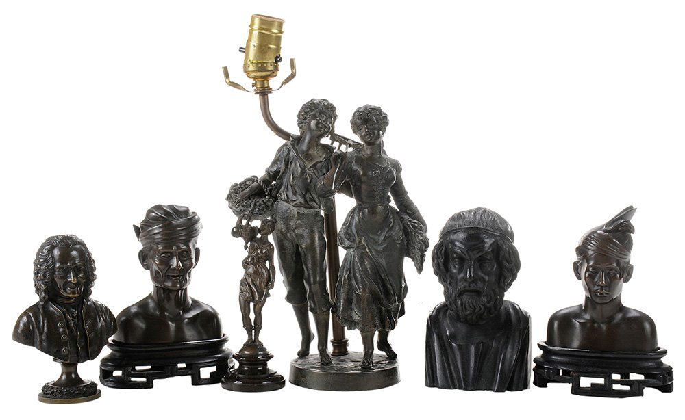 Six Continental Bronzes: 19th and 20th century: figural lamp with a couple working in the field, "Germany", 10-1/8 in., drilled converted to lamp; bust of a Greek philosopher, unsigned, 6-1/2 in.; bust of a composer, unsigned