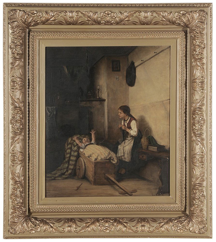 Ferdinand Brütt: (German, 1849-1936) Watching the Baby, signed lower right "Ferd. Brutt 88", oil on canvas, 27-1/2 x 22-7/8 in.; original gilt wood and composition frame, restretched on old stretcher, lined with linen