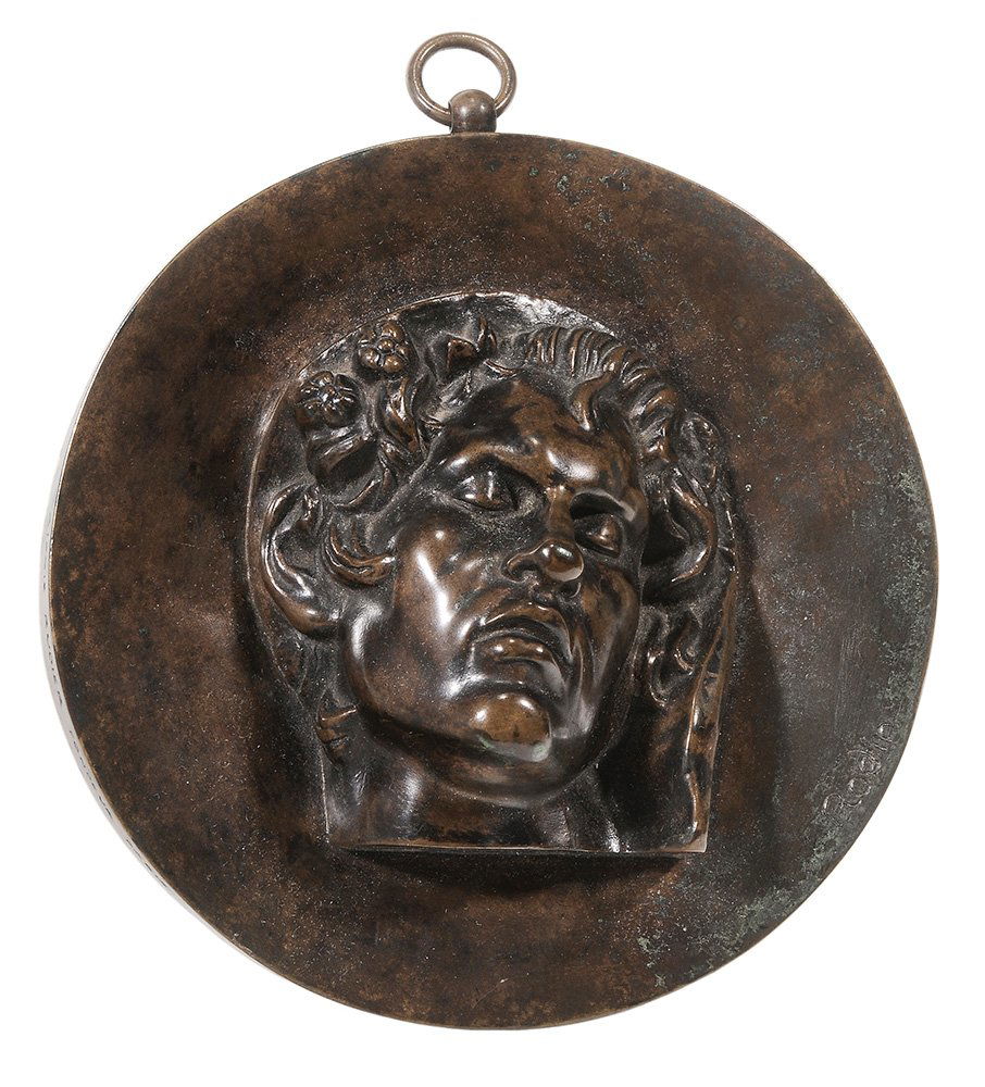 French School: (19th century) Head of a Man, signed "Rodin" (Auguste Rodin, French, 18440-1917), foundry mark "Alexis Rudier Fondeur Paris", patinated bronze relief plaque inscribed verso "25028QI/13…", 6-3/4 in.