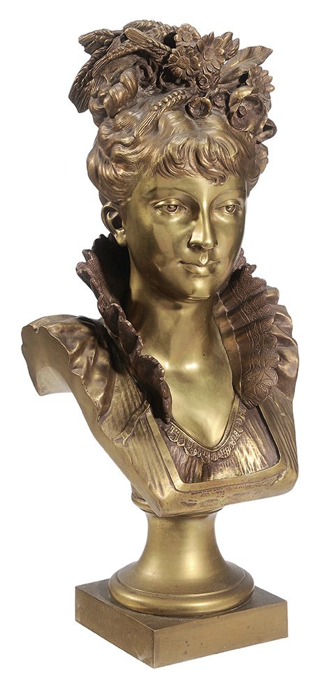 A. Rollé: (19th century) Bust of a Beauty, possibly an allegory for autumn, possibly a 20th century casting, signed on truncation "A Rollé", parcel gilt bronze, 23 in. rubbing to areas of red at chest, solder 