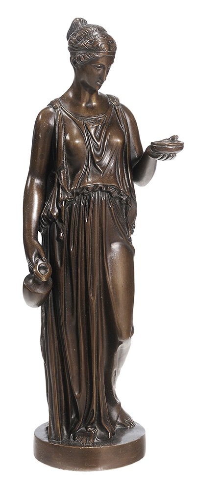 Russian School: (20th century) Figure of a Vestal Virgin, classical clothing, signed on base "C Reps./Russig U. Co.", patinated bronze, 18-1/4 in. abrasions, light to dark brown patination. Provenance: Private Birmin