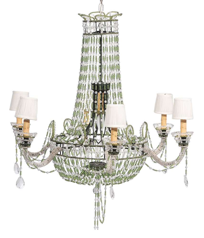 Venetian Style Gilt and Multi-Colored: Glass Eight-Light Chandelier 20th century, hung with faceted prisms, amber and purple grape-form clusters, with four pairs of electrified lights interspersed with faceted spikes, 34 in. good condition