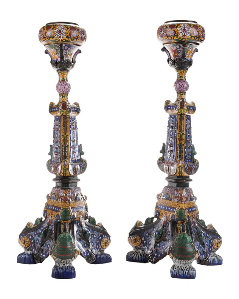 Pair Monumental Cloisonn and Enameled: Altar Pricket Sticks Chinese, 20th century, each with circular pricket top and tapering bowl over triangular central post, heavily enameled and decorated with stylized flowers and applied fish, tripod