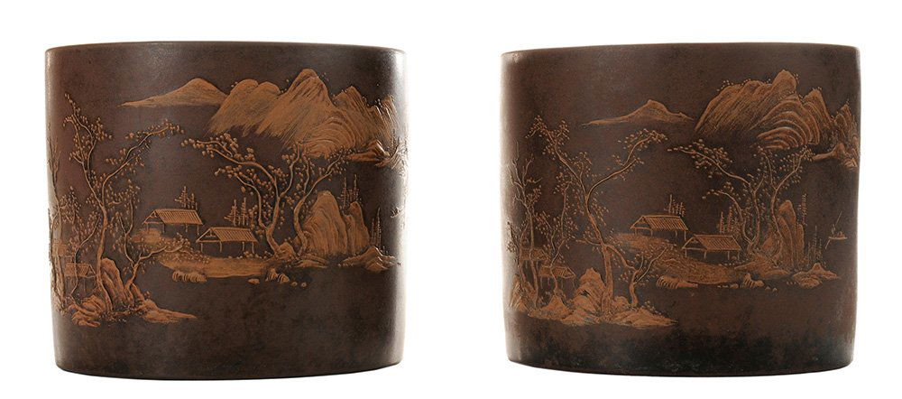 Rare Pair of Yixing Pottery Brush Pots (1 of 6)