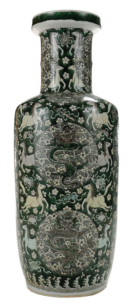 Large Famille Verte Porcelain Rouleau: Vase Chinese, 19th century, ground of deep green swirling water rising from turbulent frosty waves at the base, prunus flowers, auspicious emblems and the horses of Mu Wang floating upon it, superimpo