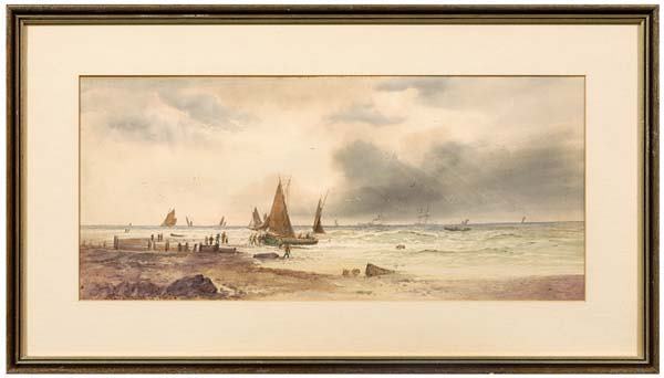 Watercolor by Thomas Bush Hardy,: figures and fishing vessel on beach, signed lower left "T.B. Hardy 1879" (British, 1842-1897), watercolor and body color on paper, Christie's label verso board, 9-3/4 x 21-3/4 in.; gold-painted frame.