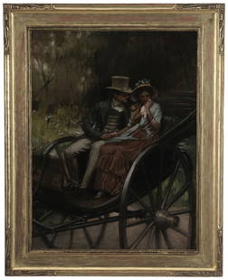 Charles Yardley Turner: (Maryland, New York, 1850-1919) Lover's in a Carriage, signed upper right "C.Y. Turner 189_", oil on canvas, 24 x 18 in.; early 20th century Arts and Crafts frame, abrasions at edges, scattered light